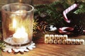 Xmas background tree wood ribbon candle Royalty Free Stock Photo