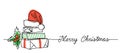 Xmas banner with gift box present package stack. One continuous line drawing with greeting text Merry Christmas. Simple