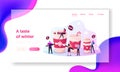 Xmas Beverage, Cocoa, Hot Drink in Mug Landing Page Template. Tiny Characters Drinking Coffee and Decorating Huge Cup Royalty Free Stock Photo