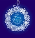 Xmas blue card with hanging paper snowflakes wreath