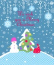 Xmas blue childish greeting craft card with paper cutting Christmas tree, funny snowman, gift, snowflakes and hanging decoration Royalty Free Stock Photo