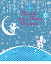 Xmas blue childish greeting card with craft white paper cutting little angels, Christmas star, snowflakes and hanging decoration