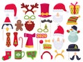 Xmas booth. Holidays funny characters costumes and hats for photo session party masked santa snowman elf vector