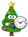 Xmas christmas tree mascot character holding indicating clock is