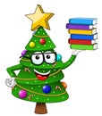 xmas christmas tree mascot character pile books isolated