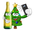 xmas christmas tree sparkling wine bottle mascot character selfie with smartphone isolated