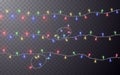 Xmas Color garland, festive decorations. Glowing christmas lights transparent effect decoration on dark background. Vector Royalty Free Stock Photo