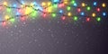 Xmas Color garland, festive decorations. Glowing christmas lights transparent effect decoration on dark background. Vector