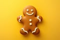 Xmas cookie gingerbread decorated glaze on yellow background. Generative AI