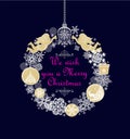 Xmas craft hanging wreath with handmade golden angels, gift, baubles, paper cutting white snowflakes and jingle bell for Christmas Royalty Free Stock Photo