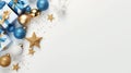 Xmas decoration. White gifts with blue bow, golden balls and Christmas tree in xmas decoration on white background for greeting