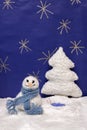 Xmas decorations crafts snow scenary snoeman and a tree Royalty Free Stock Photo