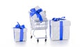Xmas delivery. Trolley cart for supermarket with christmas or birthday gift box isolated on white background. Online valentine,