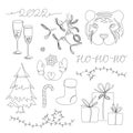 Xmas 2022 design elements collection in continuous one line drawing style. Set with Christmas tree, tiger head Royalty Free Stock Photo
