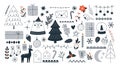 Xmas doodle ornamental winter elements. Foliage and garlands, christmas branches and foliage. Decorative racy gifts and