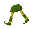 Xmas elf legs flat vector illustration. Little santa helper, funny medieval jester outfit part. Striped stockings, pants