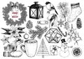 Xmas engraved objects. Fir branch, lantern, poinsettia, mistletoe, cookie, cone, snowman, cup, candy, glove, gift, ball.