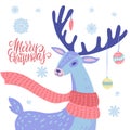 Xmas Fair or market poster, flyer or banner layout template with deer portrait. Reindeer With Christmas balls on antlers and Royalty Free Stock Photo