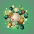 Xmas festive composition. Colorful decorative Christmas balls. New year abstract background, vector illustration