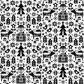 Christmas Scandinavian and Nordic folk art style seamless vector pattern wtih reindeer, birds, snowflakes and flowers - black