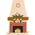 Xmas fireplace decorated flat vector icon isolated