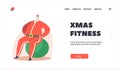 Xmas Fitness Landing Page Template. Santa Doing Exercises on Fit Ball. Christmas Character in Red Sportswear Training