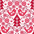 Christmas Scandinavian seamless vector pattern with birds and flowers in red, folk art Nordic fabric, textile design Royalty Free Stock Photo