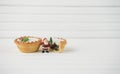 Christmas photography image of christmas food mince pies and mini santa claus on white wood background Royalty Free Stock Photo