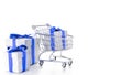 Xmas gift. Trolley cart for supermarket with christmas or birthday gift box isolated on white background. Creative idea for