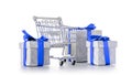 Xmas gift. Trolley cart for supermarket with christmas or birthday gift box isolated on white background. Creative idea for