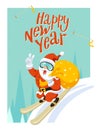 Christmas,New year Illustration,card. Santa Claus jumping from springboard.Near hare and owl,forest landscape.Trendy Royalty Free Stock Photo