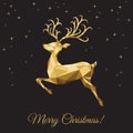 Xmas greeting card with low poly triangle gold deer on black