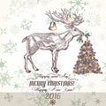 Xmas greeting card with north deer bells Christmas tree and snow