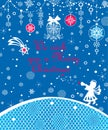 Xmas greeting blue lacy card with craft white paper cutting little angel, Christmas star, snowflakes and hanging decoration with j