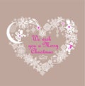 Xmas greeting pastel card with craft white heart shape wreath with paper cutting jingle bells, snowflakes, angels, gingerbread and