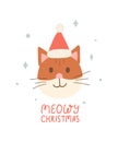 Xmas hand drawn card with cute cat and santa hat. Meowy Christmas print. Holly night poster. Happy Holidays greeting