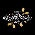 Xmas hand lettering on black background with golden holly spri