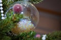 Xmas holiday celebration. New Year tree at Christmas eve. Xmas tree decoration. Santa Claus. Balls On Christmas Tree. Happy New Royalty Free Stock Photo