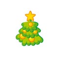 Xmas holiday childish cute Christmas tree. Kid style little decorated trees on snow white background. Ornamented festive tree in