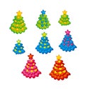 Xmas holiday childish cute Christmas tree. Kid style little decorated trees on snow white background.