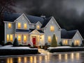 Cozy Christmas house rain flat pastel tones.
