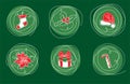 Xmas icons vector set. Hand drawn doodles on green background for Christmas decorations. One continuous line art drawing