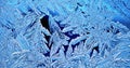 Xmas illustration. Ice crystals on frozen window glass. Frost drawing. Pattern of leaves and stems of magical plants. Blue tinted Royalty Free Stock Photo