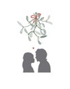 Xmas kissing under mistletoe branch. The guy and the girl are going to kiss. A gentle first kiss. Relations, love, date