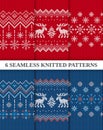 Xmas knit seamless patterns set. Christmas borders collection blue and red. Set knitted textures. Holiday ugly sweater Royalty Free Stock Photo