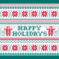 Happy Holidays vector greeting card pattern in red and greenbackground - Scandinavian knnitting, cross-stitch design