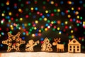 Xmas lights as stars, Christmas tree,angel, deer, vintage decoration, gift boxes and copy space for text Royalty Free Stock Photo