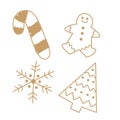 Lovely simple Christmas line drawings, gingerbread cookie, candy cane, snowflake and Christmas tree.