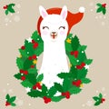 Christmas wreath with cute llama. Vector illustration