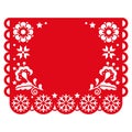 Christmas Papel Picado vector design with snowflakes and flowers amd empty space for greetings, Mexican red festive winter paper